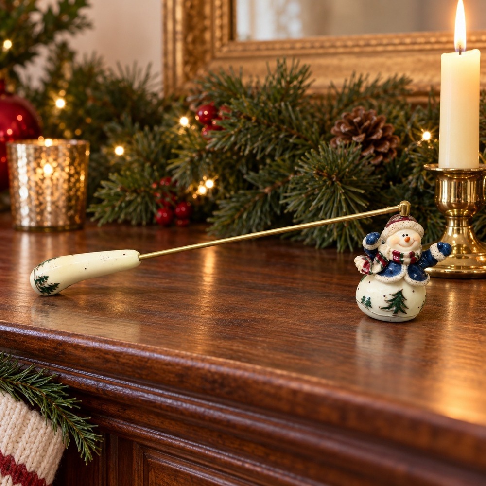 Vtg Candle Snuffer Cream Blue Snowman Christmas Figural Brass Handle